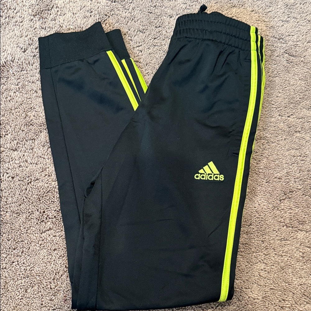 Adidas Kids Black Joggers with Neon Yellow Stripes